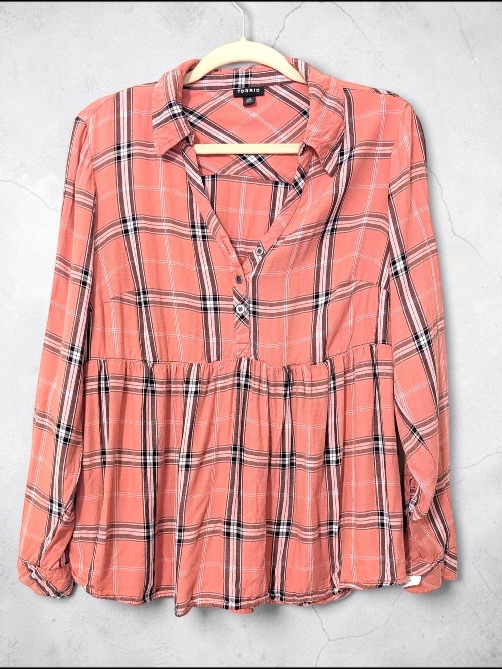 Torrid Coral Plaid Peasant Tunic Button Front Size 00